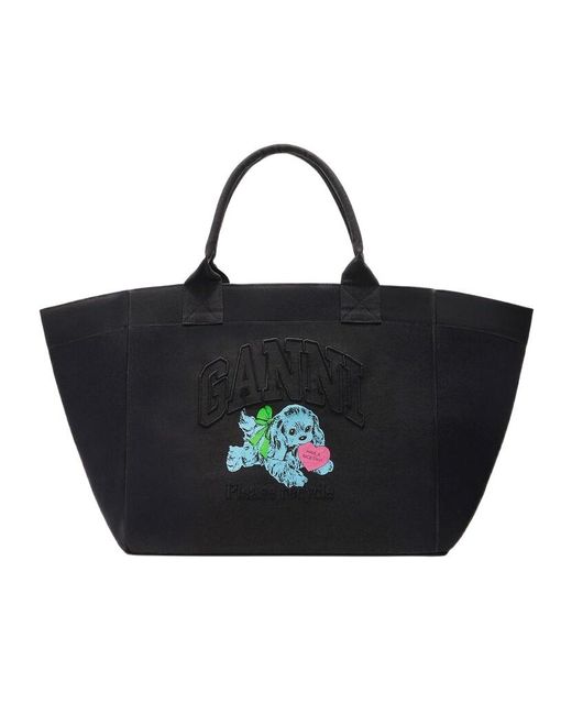 Ganni Black Logo-Embroidered Shopper Bag