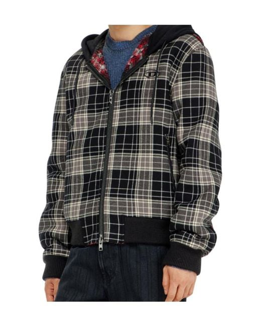 DIESEL Black Check-Flannel Bomber Jacket With Teddy Interior for men