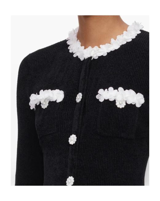 Self-Portrait Black Chenille Knit Flower Trim Mini Dress