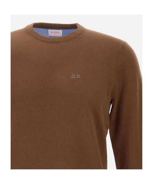 Sun 68 Brown Contrast Elbow-Patch Knitted Sweater for men