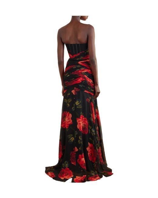 Carolina Herrera Red Strapless Ruched Floral-Printed Silk-Chiffon Gown