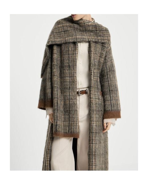Brunello Cucinelli Gray Mohair And Wool Prince-Of-Wales Double-Knit Coat With Scarf
