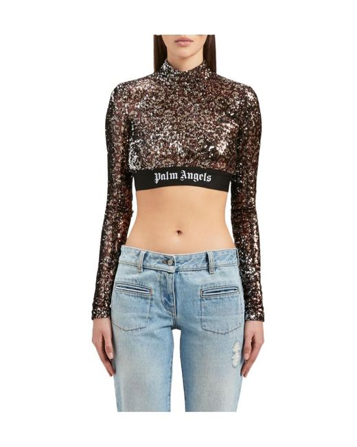 Palm Angels Black Sequin Embellished Cropped Top