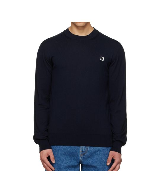 Balmain Blue Logo Intarsia Crewneck Jumper for men