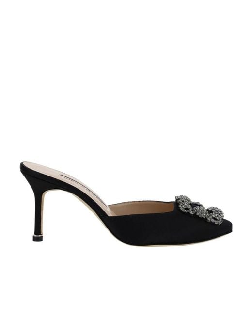 Manolo Blahnik Black Hangisimuhk Satin Buckle Embellished Mules