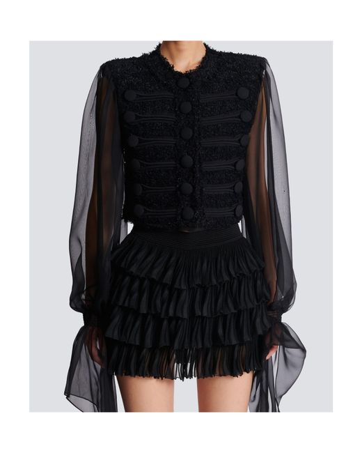 Balmain Black Chiffon-Sleeve Tweed Jacket