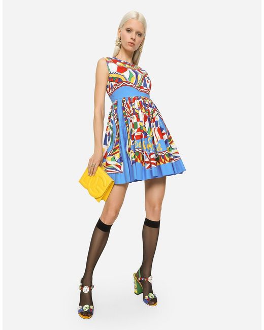 Dolce & Gabbana White Carretto Printed Sleeveless Mini Dress
