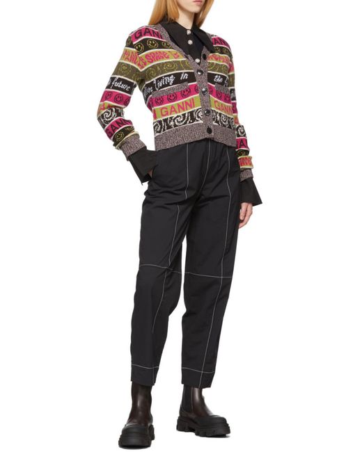 Ganni Gray Stitched Detailed Straight Leg Trousers