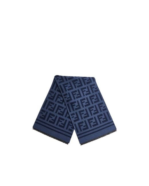 Fendi Blue Ff Motif Frayed-Edge Scarf for men
