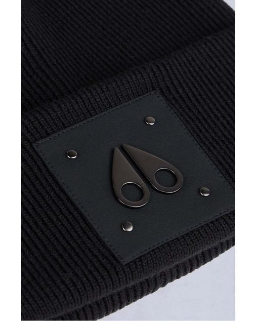 Moose Knuckles Black Logo Patch Beanie Hat for men