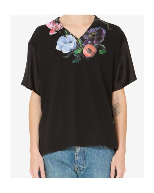 Maison Margiela Black Floral Printed V-Neck T-Shirt