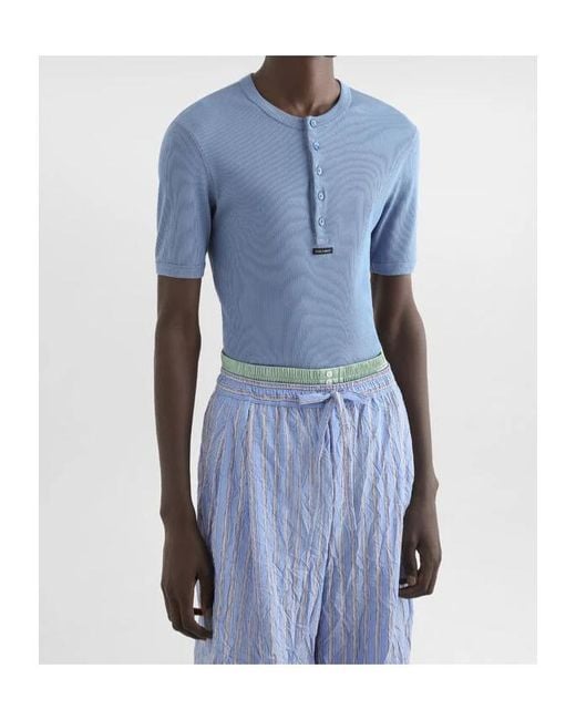 Dolce & Gabbana Blue Serafino Logo Patch Ribbed T-Shirt for men