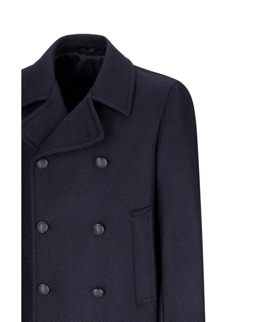 Tagliatore Blue Double-Breasted Herringbone Coat for men