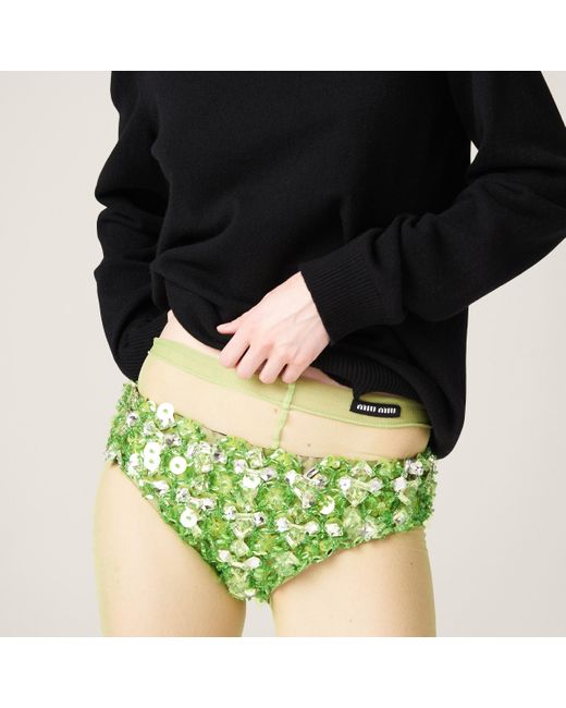 Miu Miu Green Embroidered Silk And Wool Panties