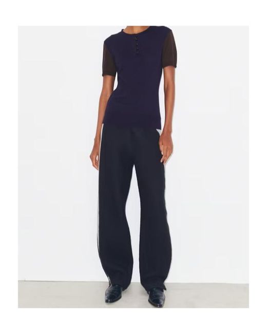 Tory Burch Blue Short-Sleeve Buttoned Wool T-Shirt