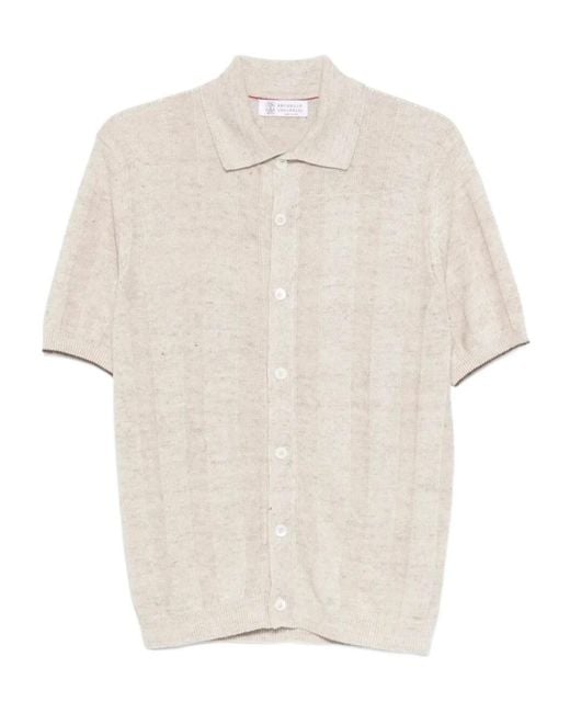 Brunello Cucinelli White Short-Sleeved Knitted Shirt for men