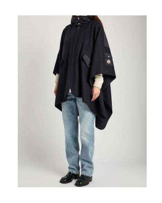 Moncler Blue Hooded Shell And Wool-Blend Cape Coat
