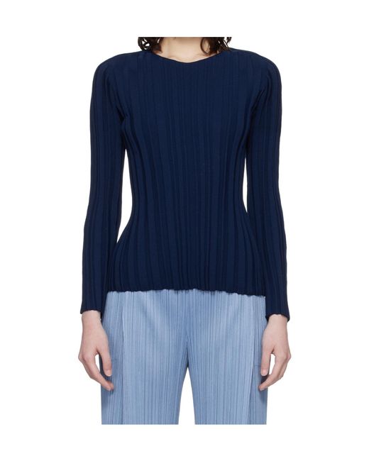 Pleats Please Issey Miyake Blue Ribbed Knit Crew Neck Top