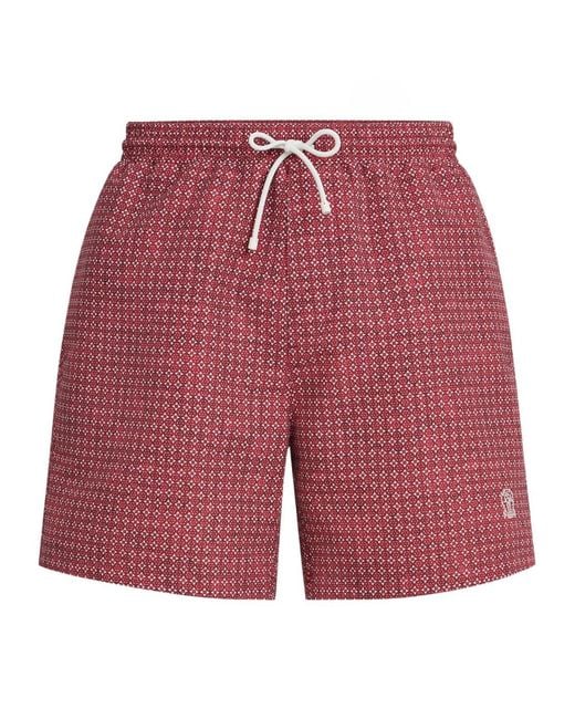 Brunello Cucinelli Red Geometric Print Swim Shorts for men