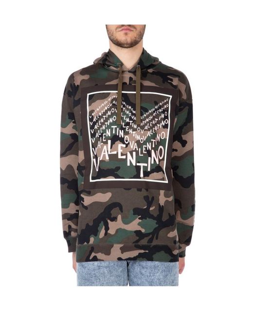 Valentino Gray Logo Print Camouflage Cotton Blend Hoodie for men