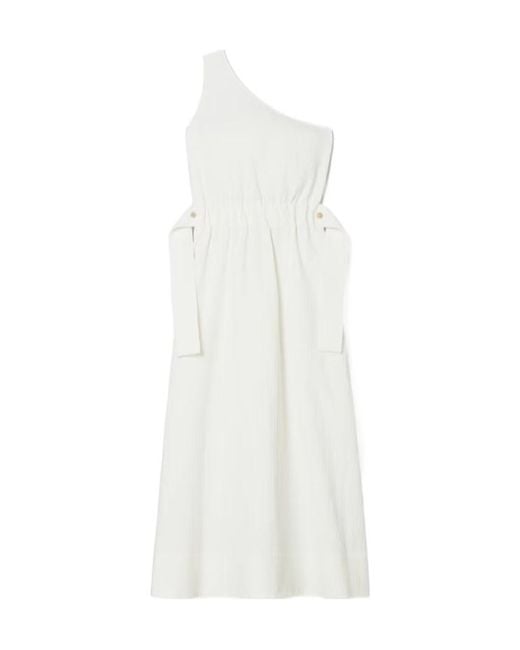Tory Burch White One-Shoulder Belted Cotton Dress