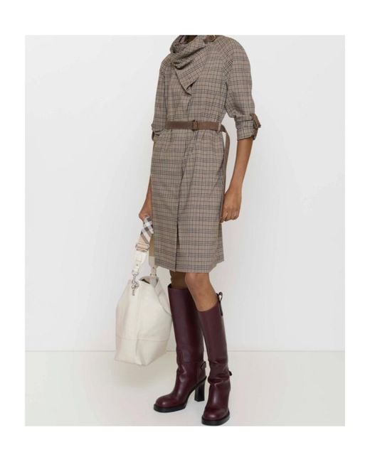 Burberry Gray Shawl Collar Checked Belted Midi Dress