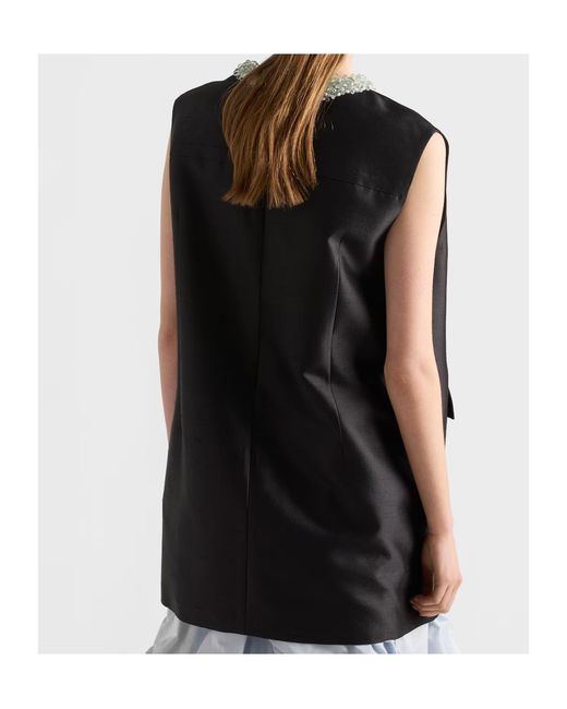 Prada Black Embroidered Double Shantung Dress
