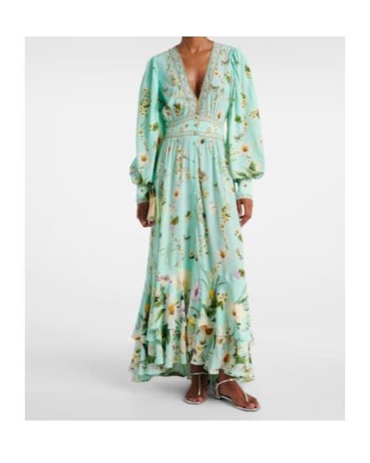Camilla Green Floral Pattern Silk Crepe Dress