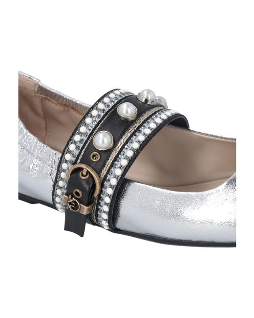 Pinko White Pearl-Embellished Buckle Ballet Flats