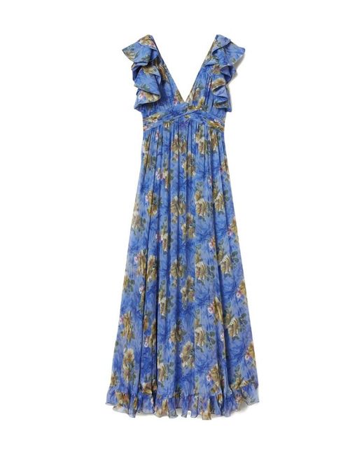 LaDoubleJ Blue Ruffled-Details Floral-Print Maxi Dress