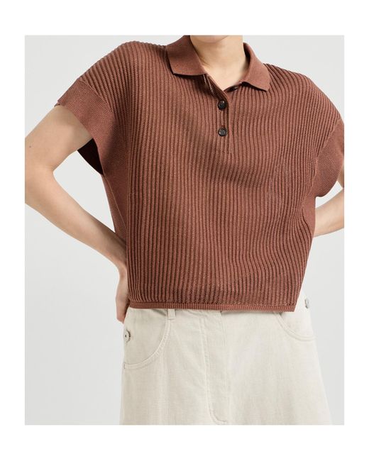 Brunello Cucinelli Brown Ribbed Buttoned Polo Shirt