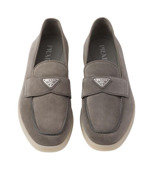 Prada Gray Triangle-Logo Slip On Loafers for men
