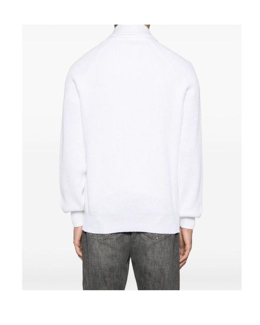 Brunello Cucinelli White Shawl Lapel Knitted Cardigan for men