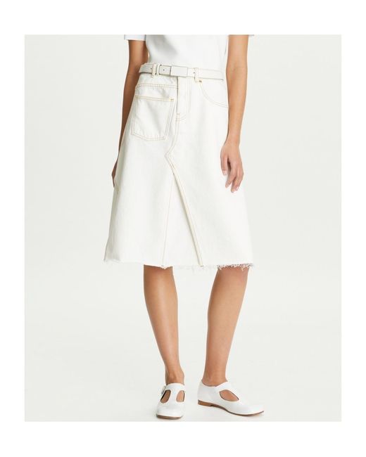 Tory Burch White Deconstructed Raw-Cut Hem Denim Skirt