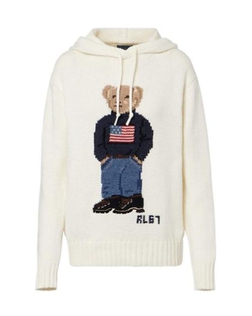 Polo Ralph Lauren White Knitted Hooded Sweater With Bear Print