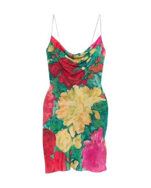 Balmain Red Floral-Print Cowl-Neck Mini Dress