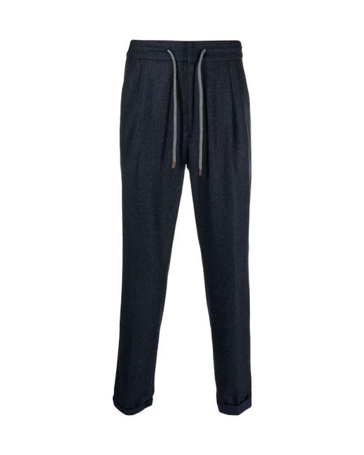 Brunello Cucinelli Blue Drawstring Pleated Trousers for men