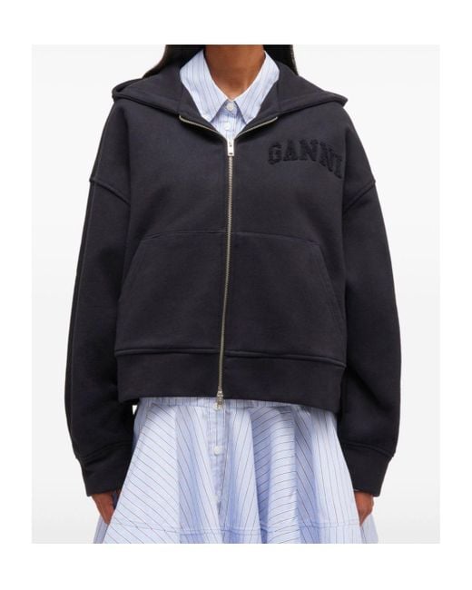Ganni Zipped Long Sleeved Hoodie in Blue | Lyst