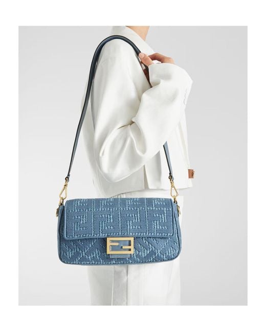 Fendi Blue Baguette Embossed Shoulder Bag