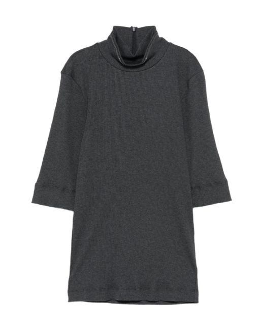 Brunello Cucinelli Gray High-Neck Ribbed Top
