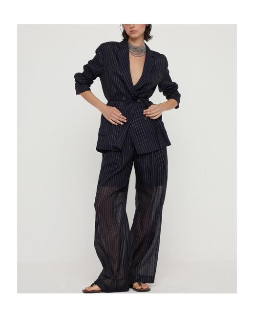 Brunello Cucinelli Blue Sparkling Stripe Cotton Gauze Jacket With Belt And Necklace