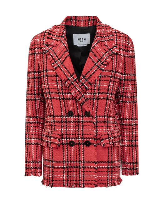 MSGM Red Double-Breasted Checked Blazer