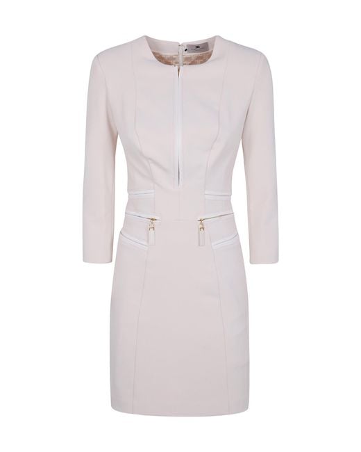 Elisabetta Franchi White Double Layer Crepe Zipped Dress