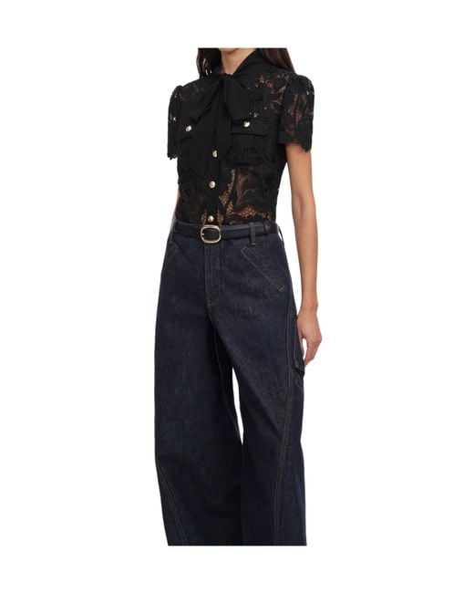 Self-Portrait Blue Lace Tie Neck Top
