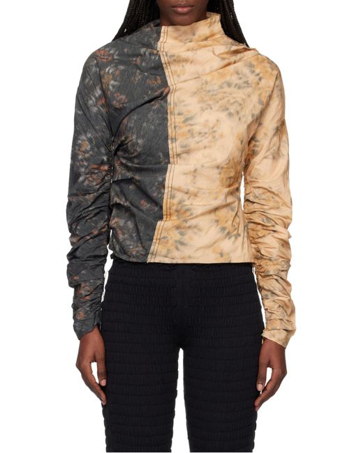 Ganni Black Asymmetric-Neck Floral-Printed Ruched Top
