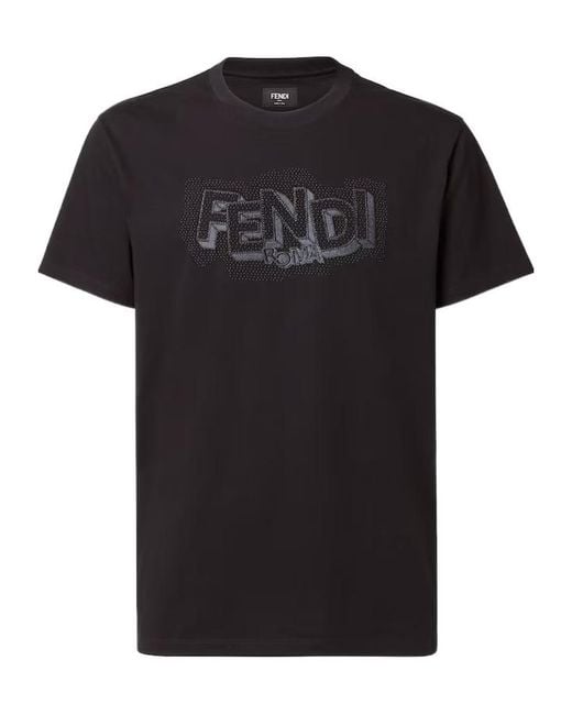 Fendi Black Pop Pois Motif Embroidered Crewneck T-Shirt for men