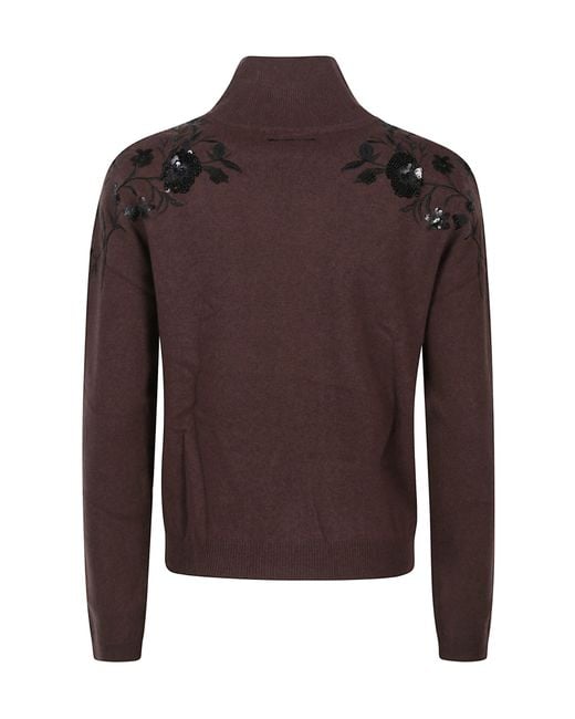 ERMANNO FIRENZE Brown Floral-Embroidered Sequin Sweater