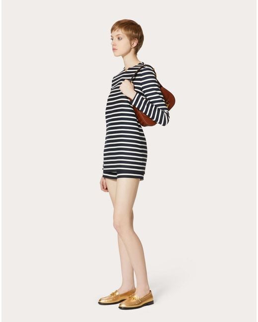 Valentino Black Logo Plaque Striped Crewneck Jumpsuit