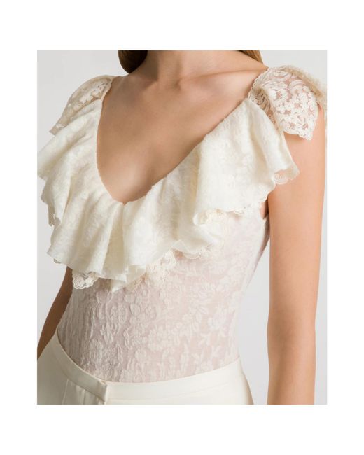 Alberta Ferretti White Wool Lace Bodysuit With Frilled Sleeves