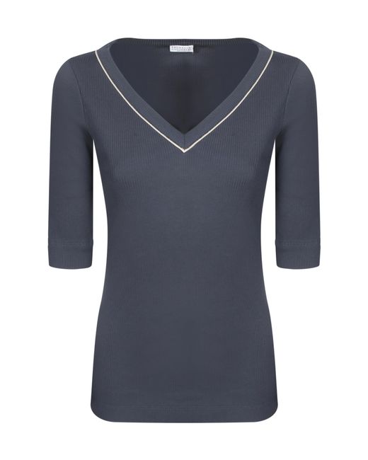 Brunello Cucinelli Blue Monili-Detailed Ribbed T-Shirt